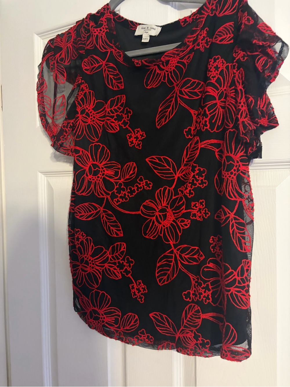 Kim & Cami Black Sheer Top with Red Floral Embroidery